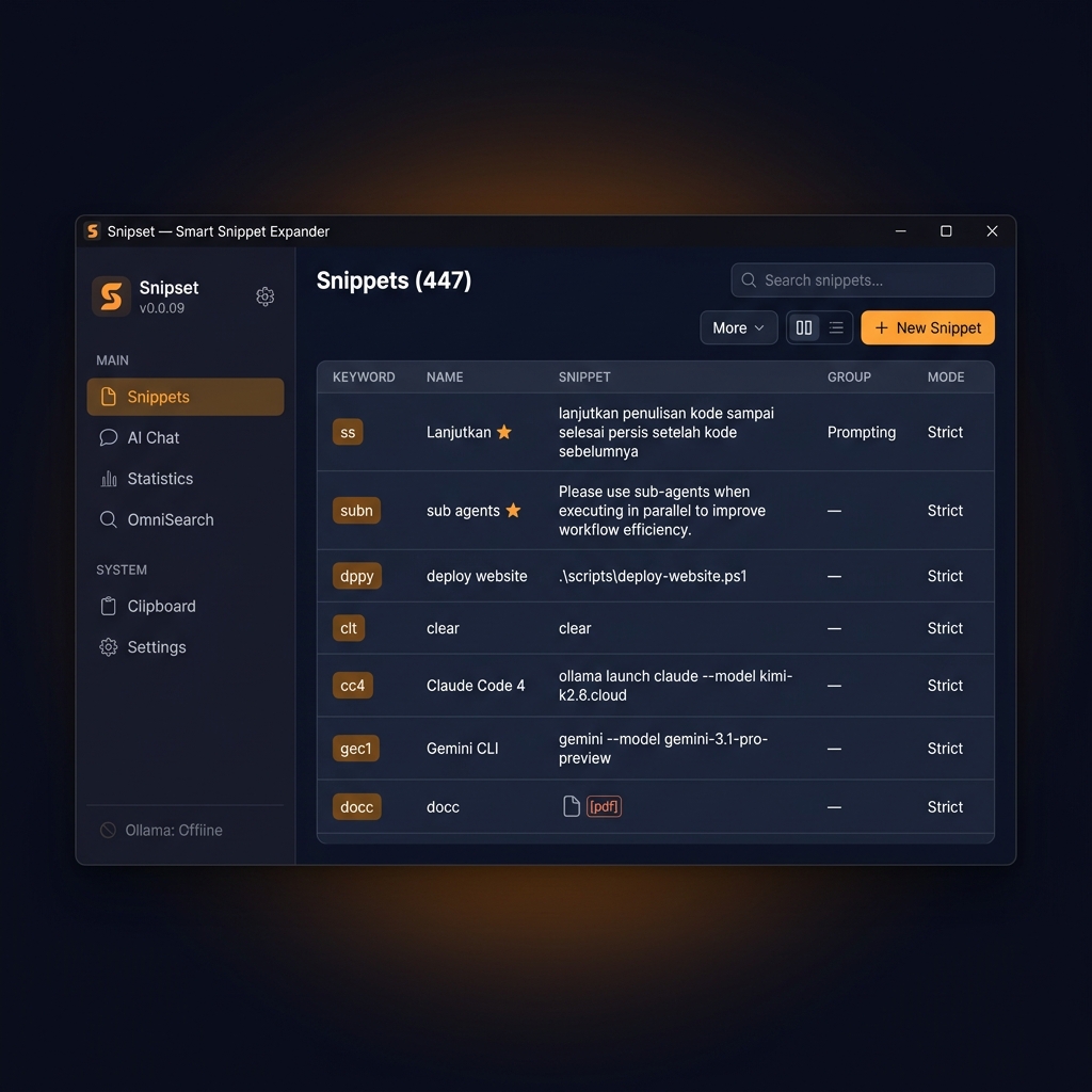 Snipset desktop application interface showing the snippet management view with sidebar navigation, snippet list, and editing area